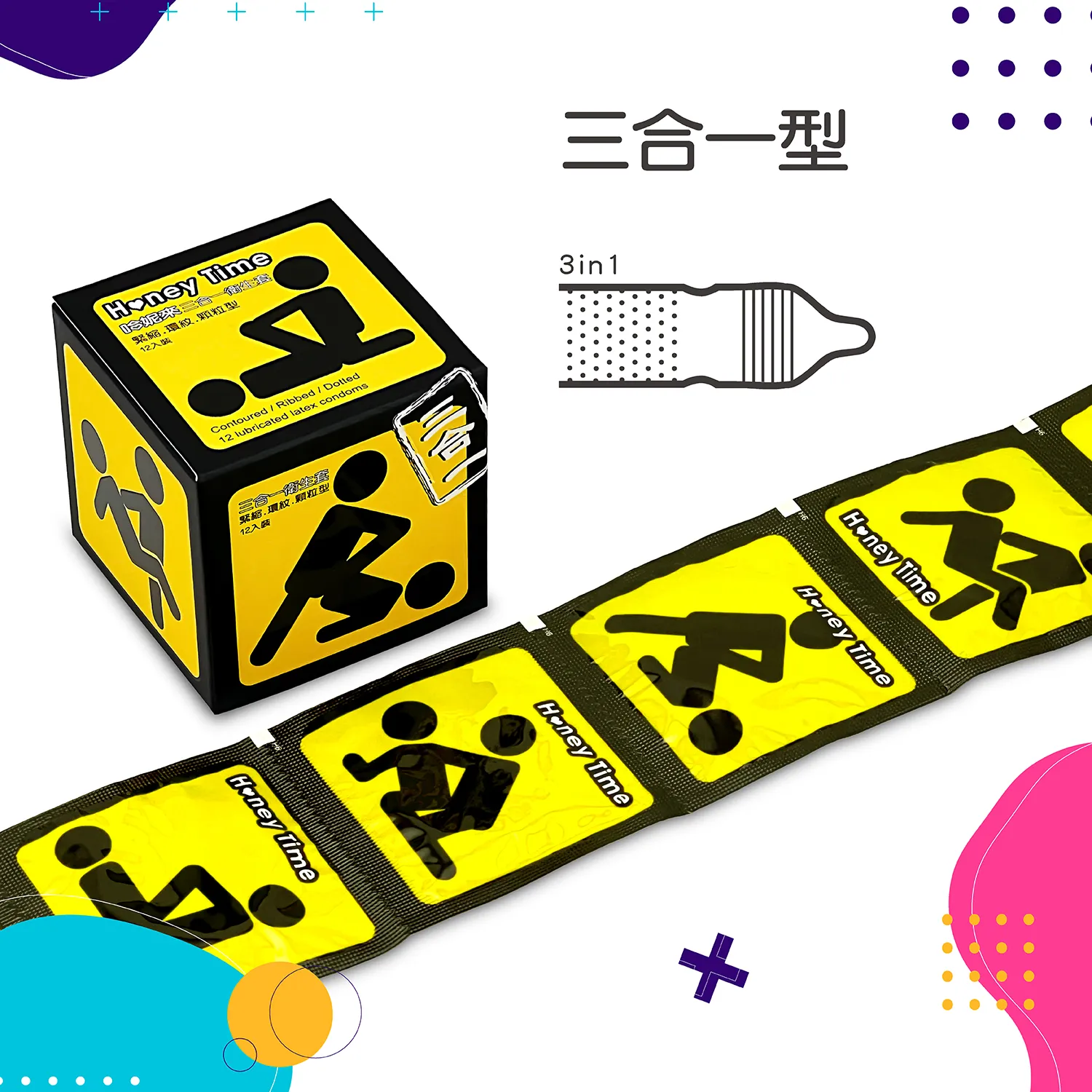 Honey Time【輸入折扣碼享優惠】保險套 (紫黃藍)混合裝/三合一型/混合型/12入×3款:圖片 4
